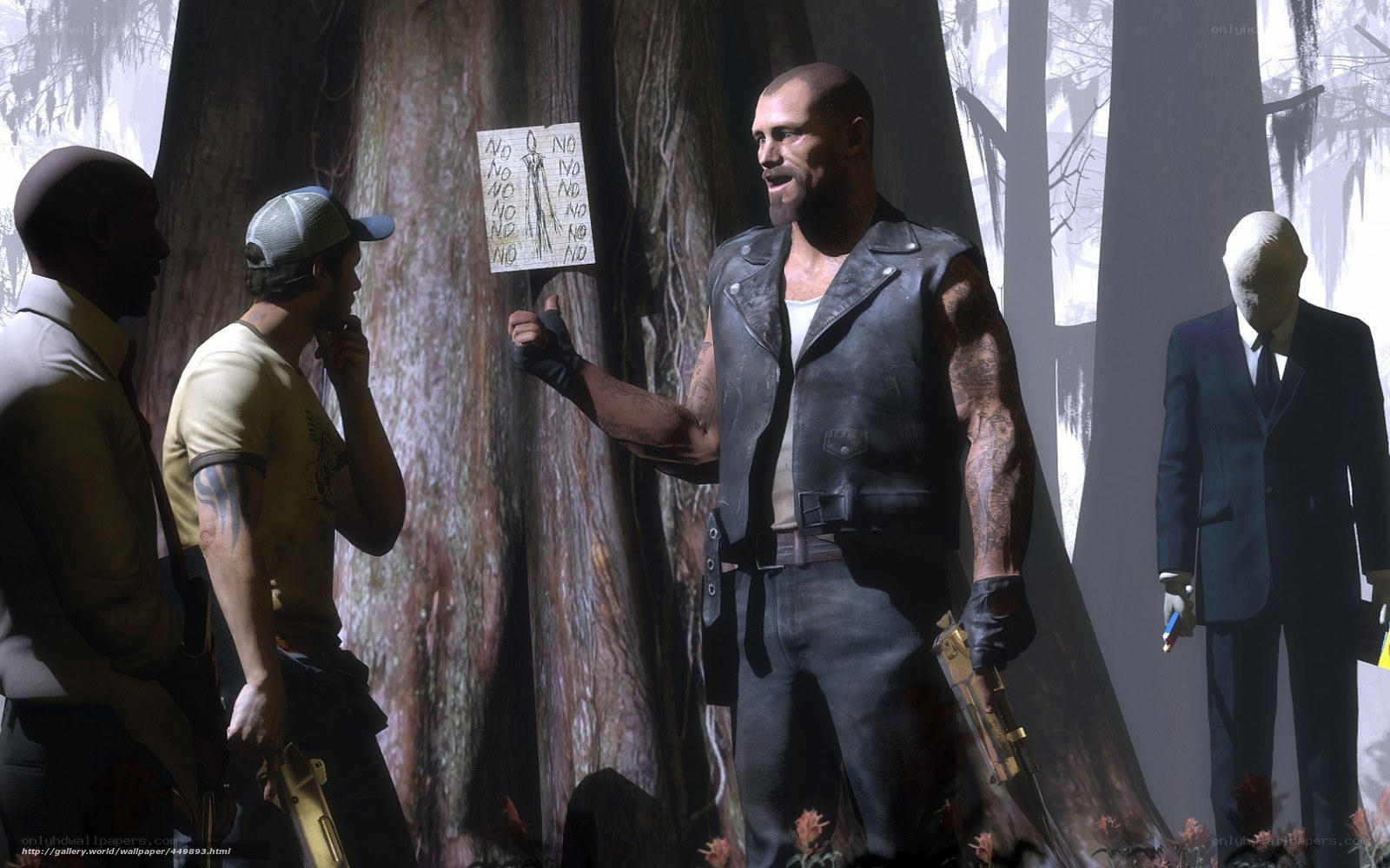 Men in forest with sign