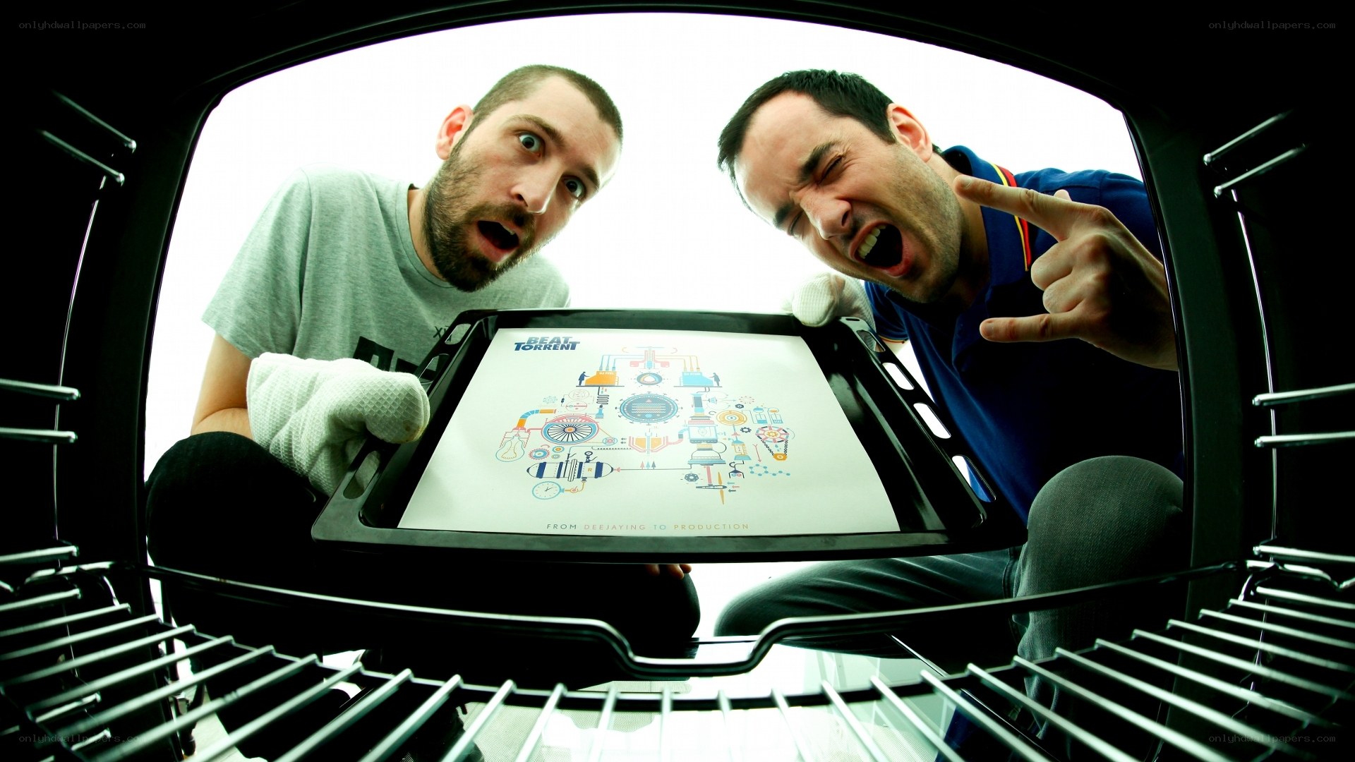 men in oven with tray