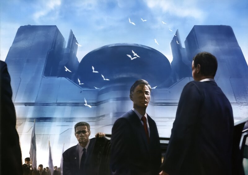 Men in suits before futuristic building