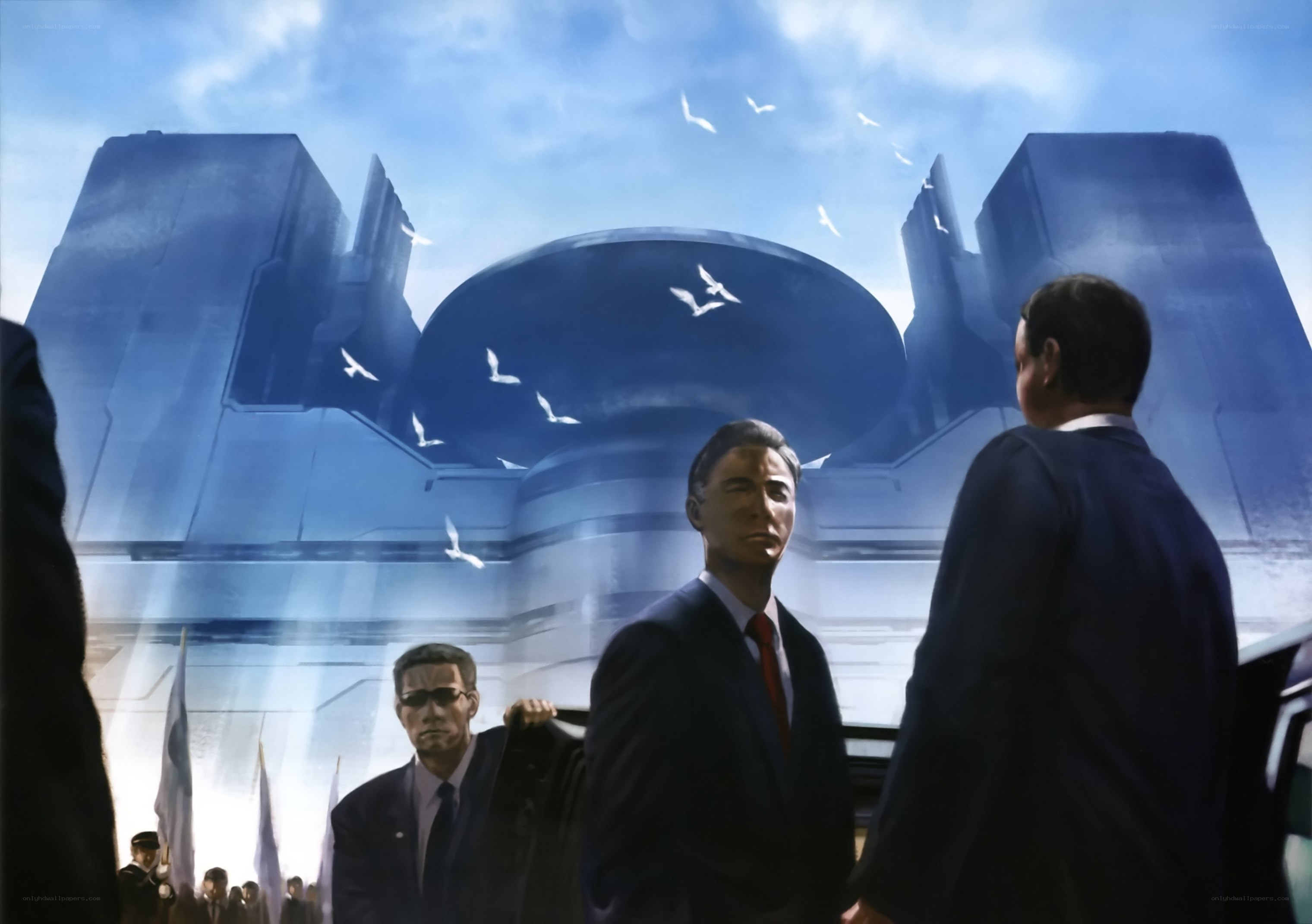 Men in suits before futuristic building