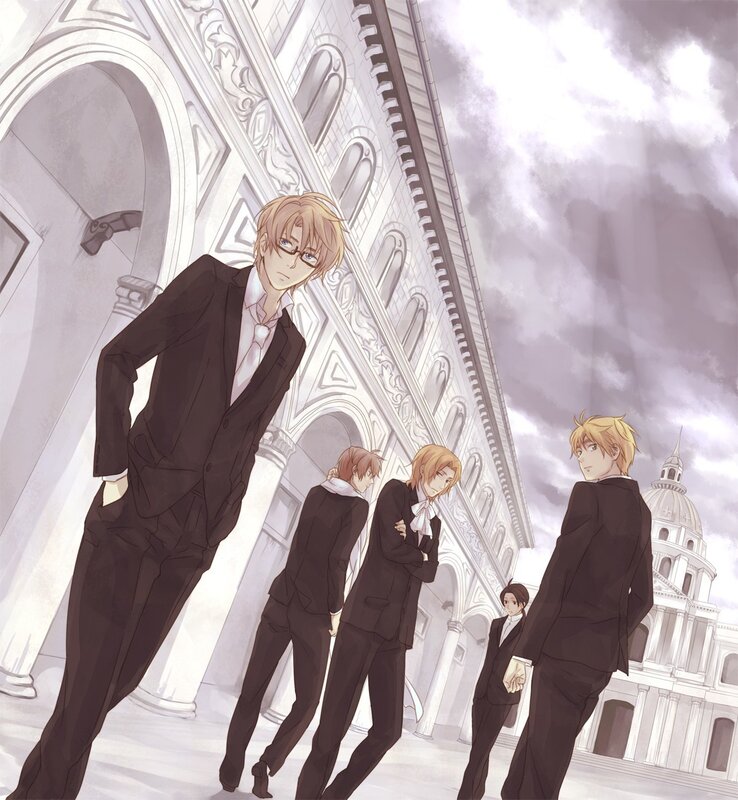 men in suits outside a grand building