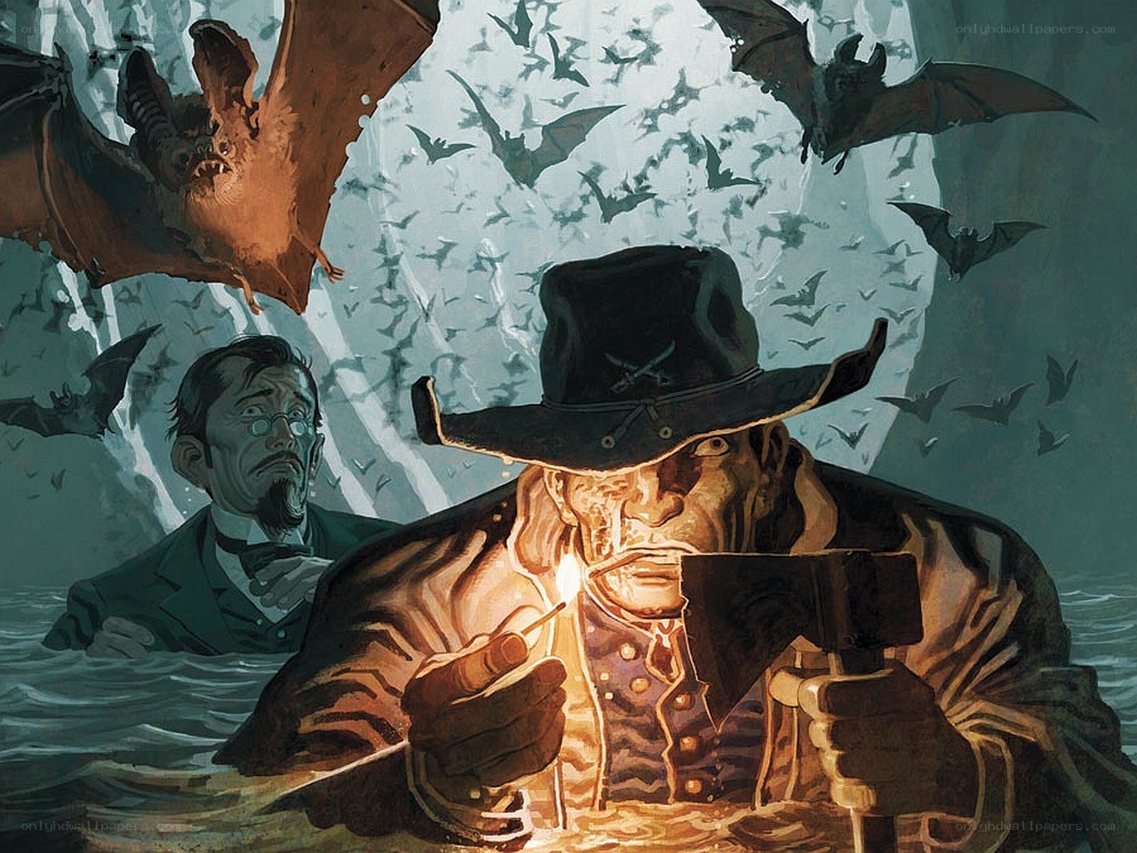 Men in water with bats