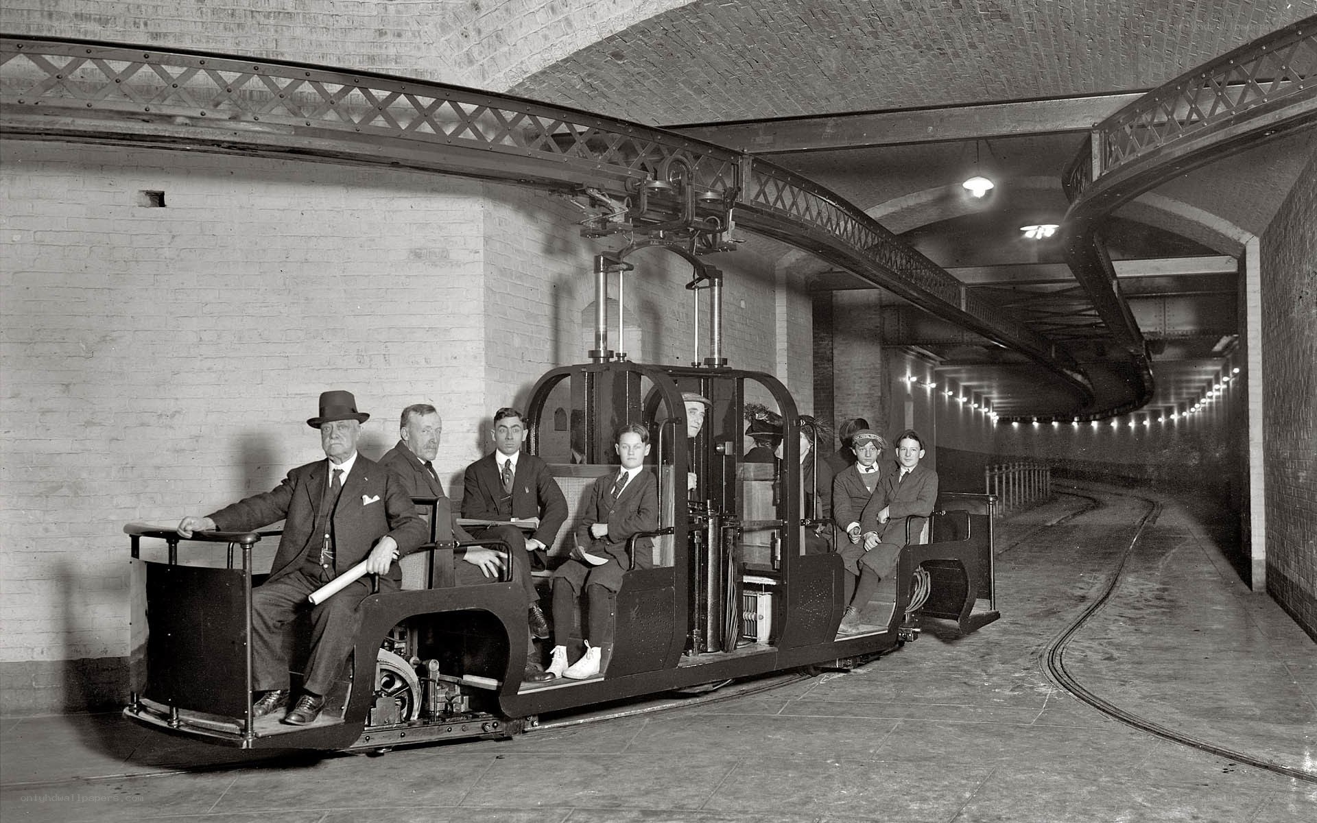 Men on a tunnel tram