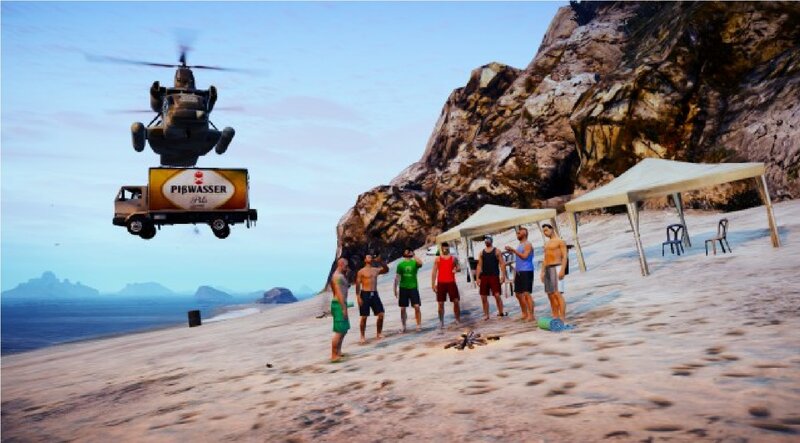 Men on Beach with Helicopter