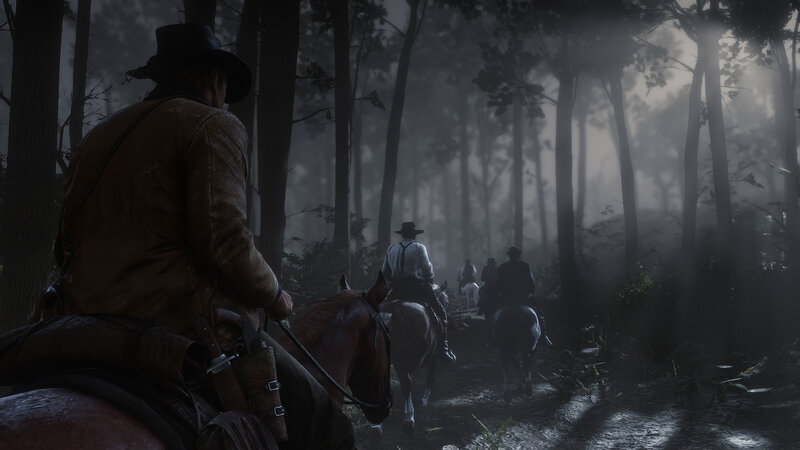 Men on Horseback in Forest — Brown