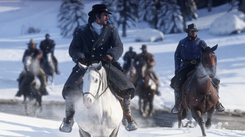 Men on Horseback in Snow — White