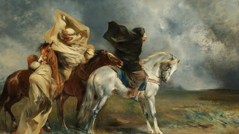 Men on Horses in Storm — Gray, Dramatic