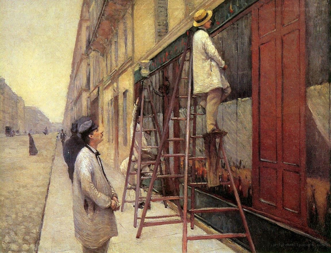 Men on ladders painting storefront
