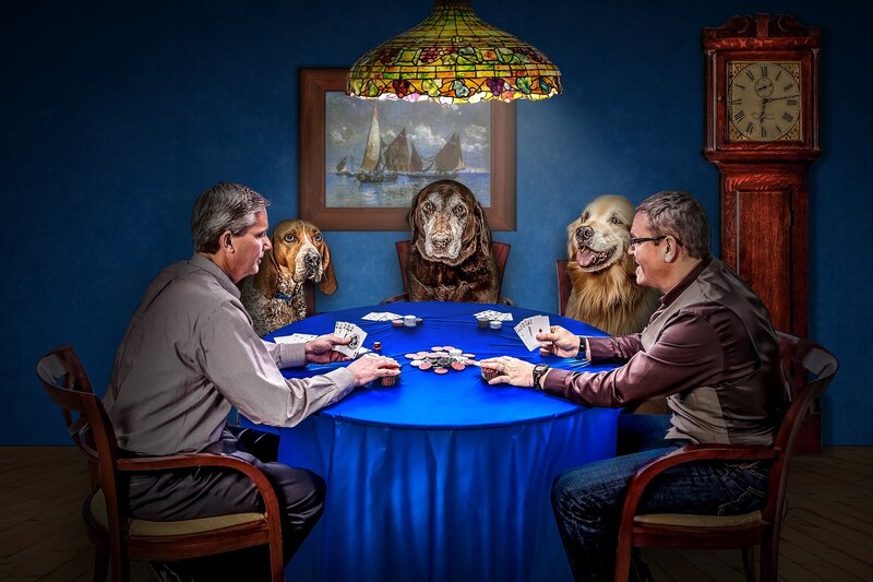 Men Playing Poker with Dogs — Blue