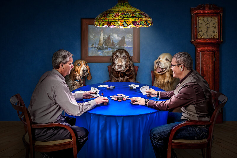 Men Playing Poker with Dogs