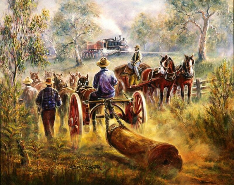 Men Pulling Log with Horses