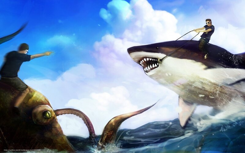 Men Riding Sea Creatures — Blue