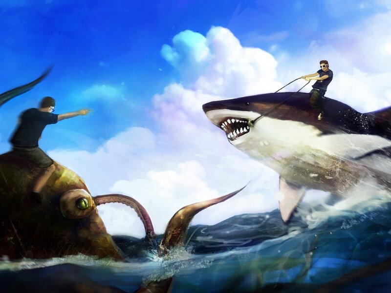 Men Riding Sea Creatures