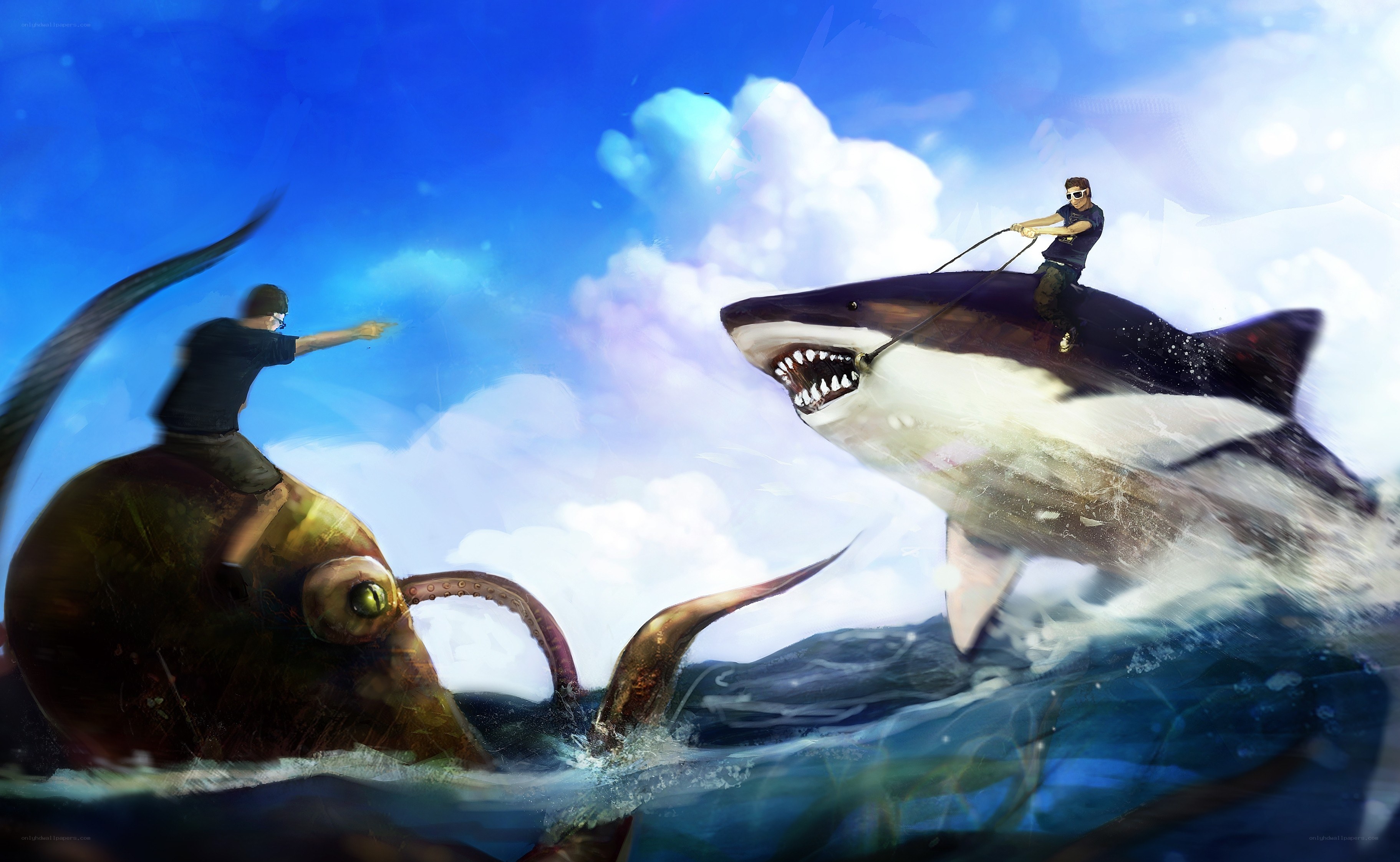 Men riding sea monsters