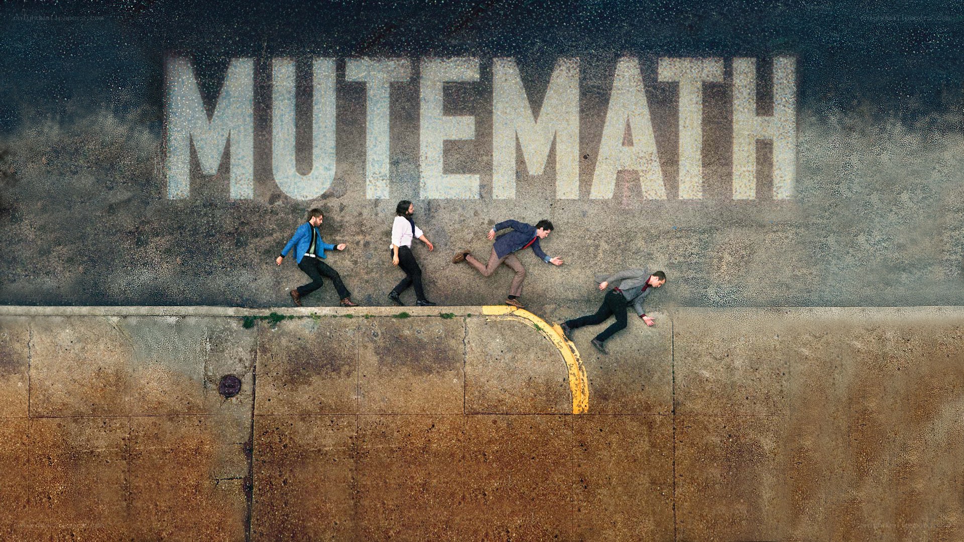 Men running from a wall
