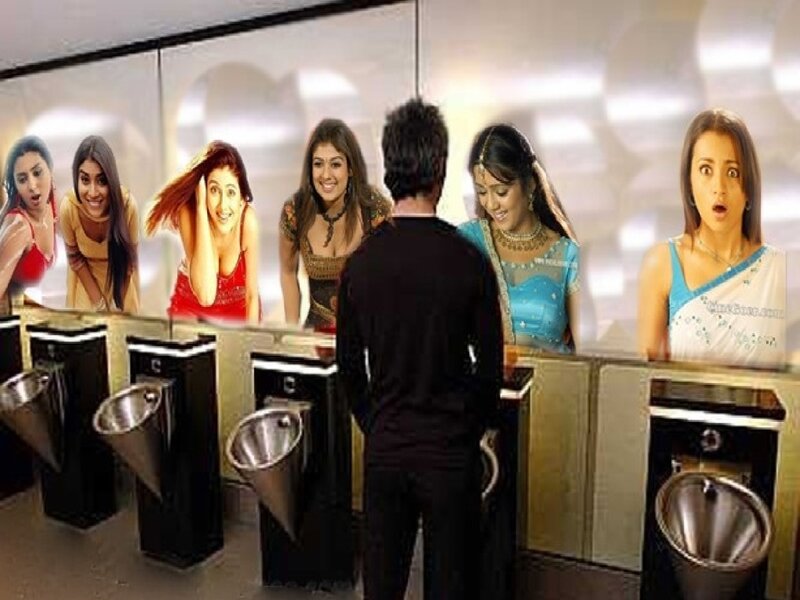 men's restroom with women in mirrors