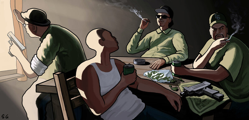 Men smoking and drinking at a table