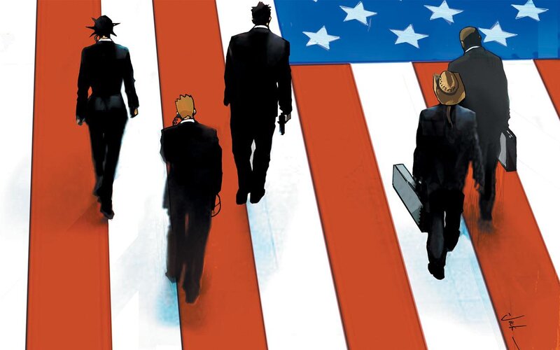 Men Walking on Flag