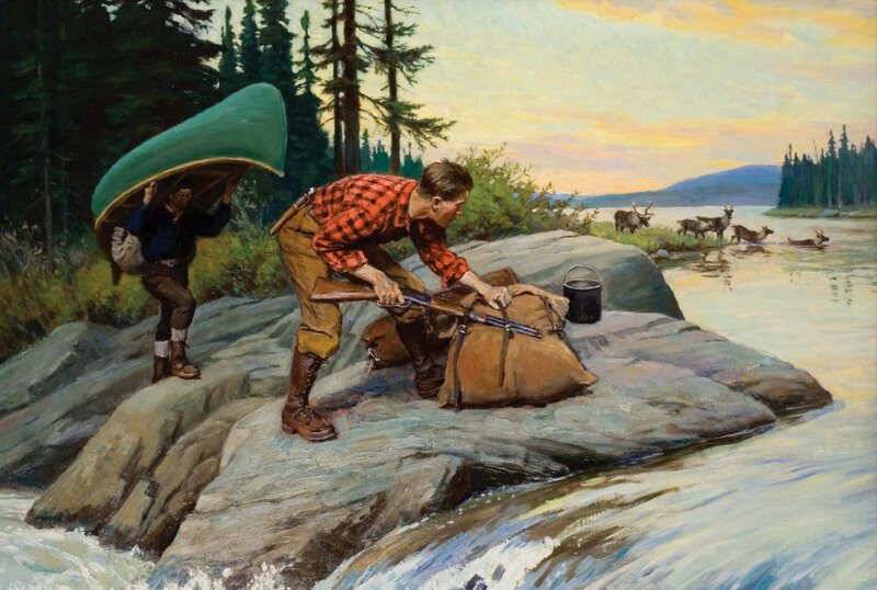 Men with Canoe on Rocks