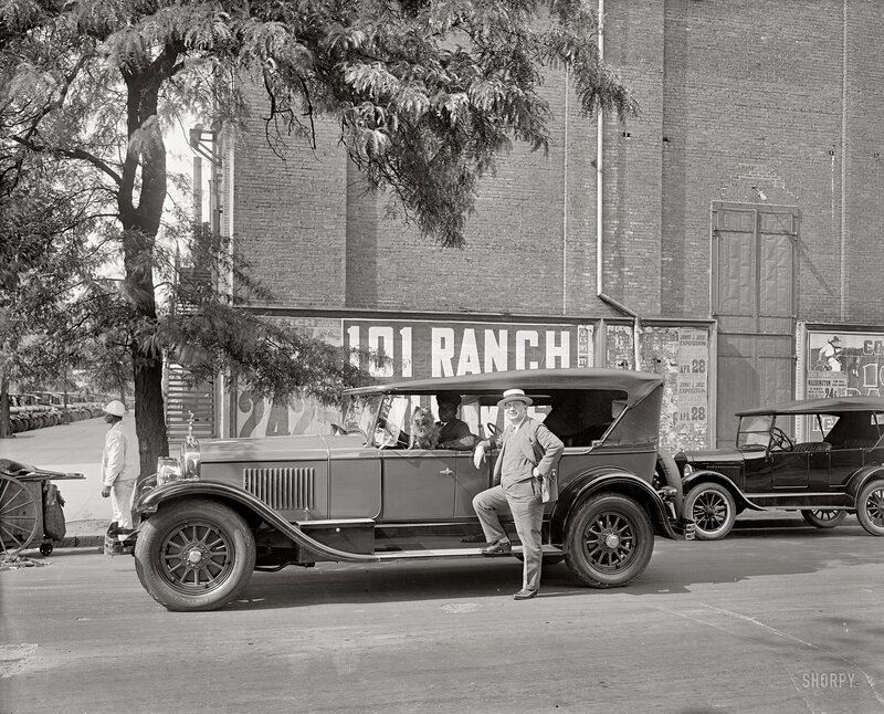 Men with car and dog in city