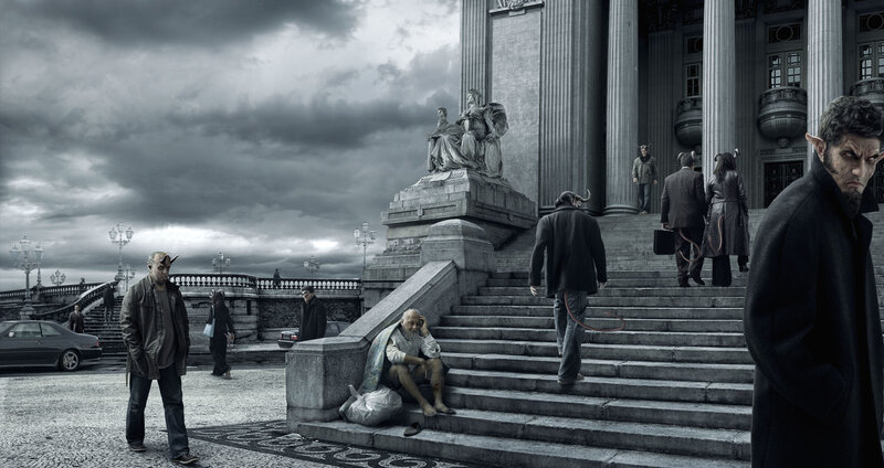 Men with Horns on Steps — Gray, Dramatic