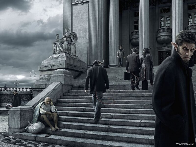 Men with Horns on Steps