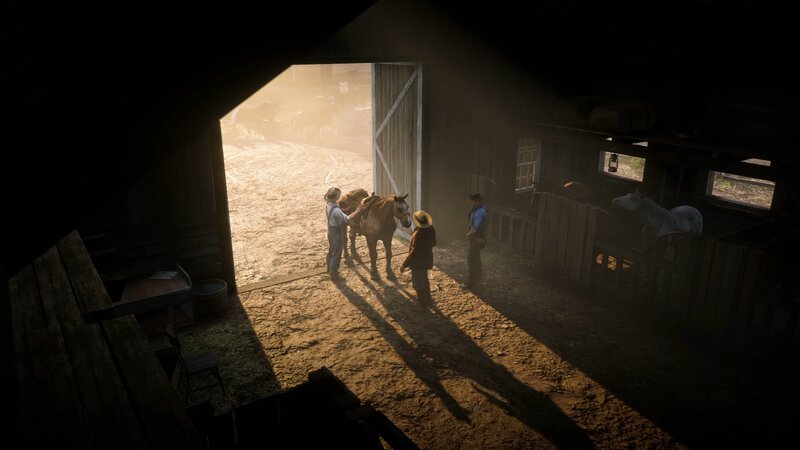 Men with Horses in Barn