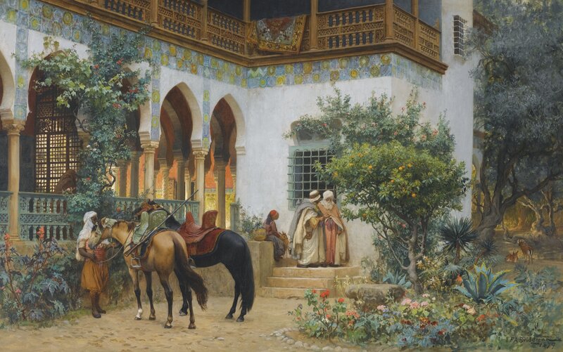 Men with Horses in Courtyard
