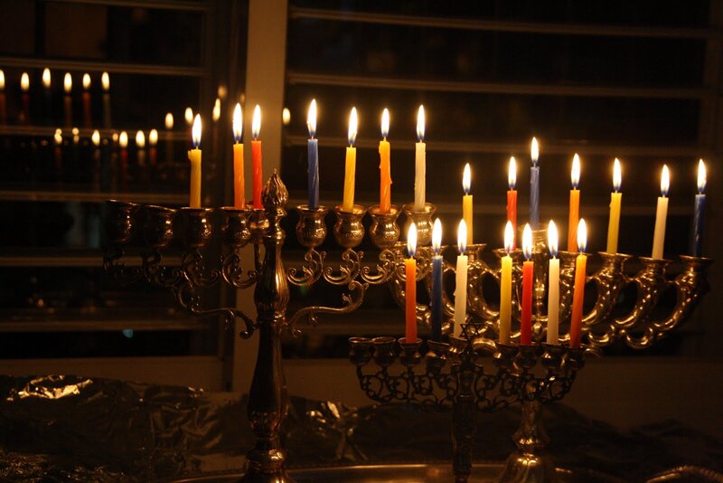 Menorah with Lit Candles — Gold