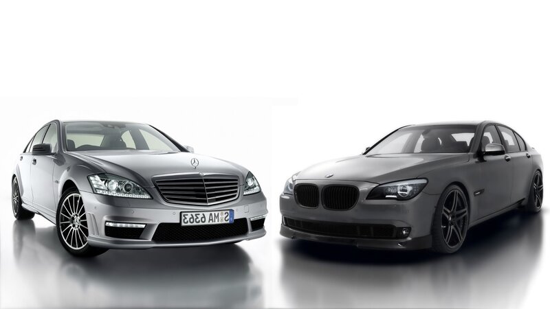 Mercedes and BMW luxury sedans