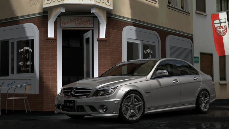Mercedes-Benz C63 AMG parked outside a restaurant