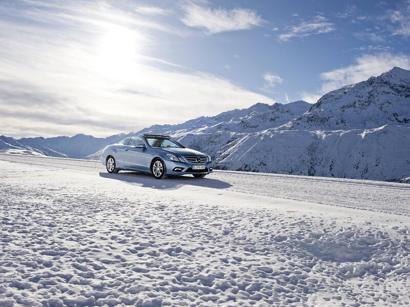 Mercedes-Benz convertible on snowy mountain
