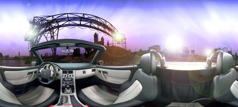 Mercedes-Benz interior with industrial backdrop