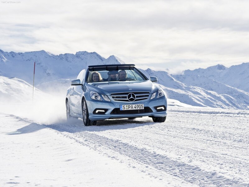 Mercedes-Benz on snowy mountain road