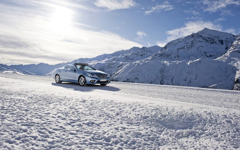 Mercedes-Benz on snowy mountain road