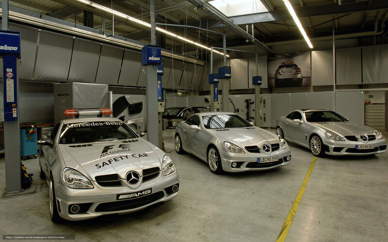 Mercedes-Benz safety cars in garage