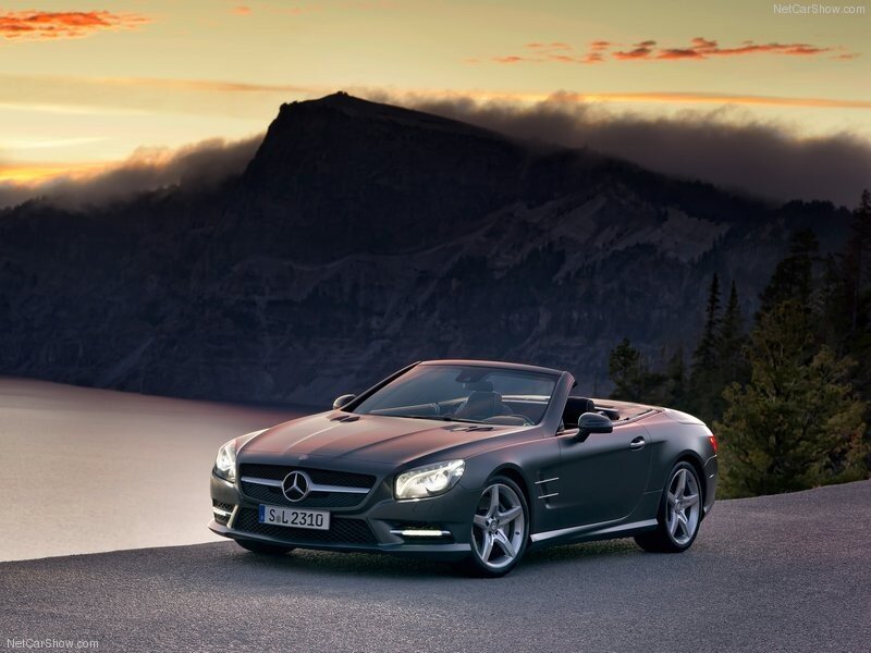 Mercedes-Benz SL convertible at sunset