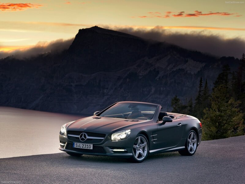 Mercedes-Benz SL convertible at sunset