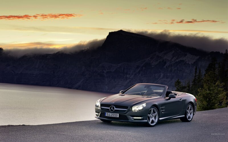 Mercedes-Benz SL convertible at sunset