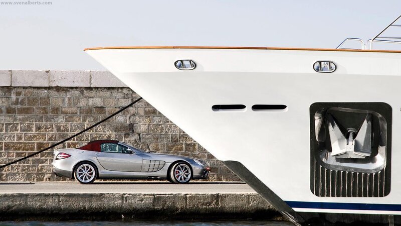 Mercedes-Benz SLR McLaren parked by yacht