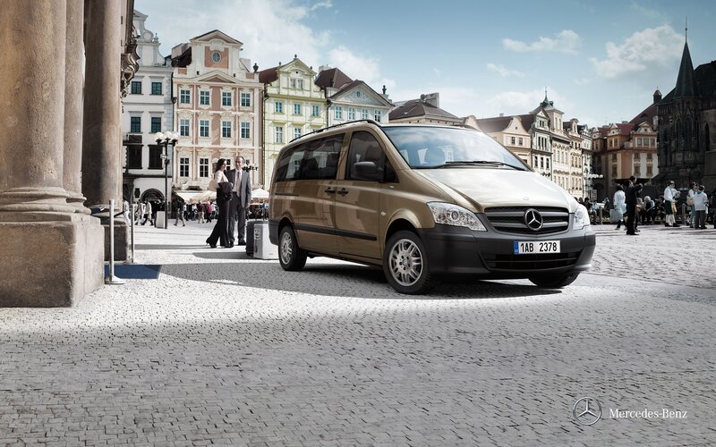 Mercedes-Benz van in city square