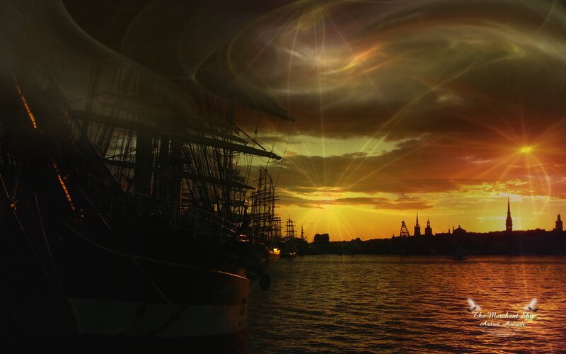 Merchant Ship at Sunset — Orange