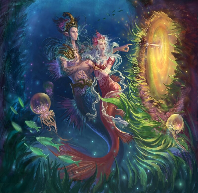 Merfolk Couple Underwater — Blue, Mystical