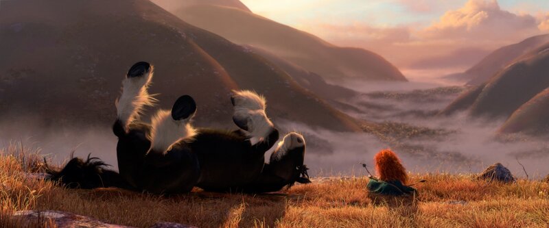 Merida and her horse on a mountain