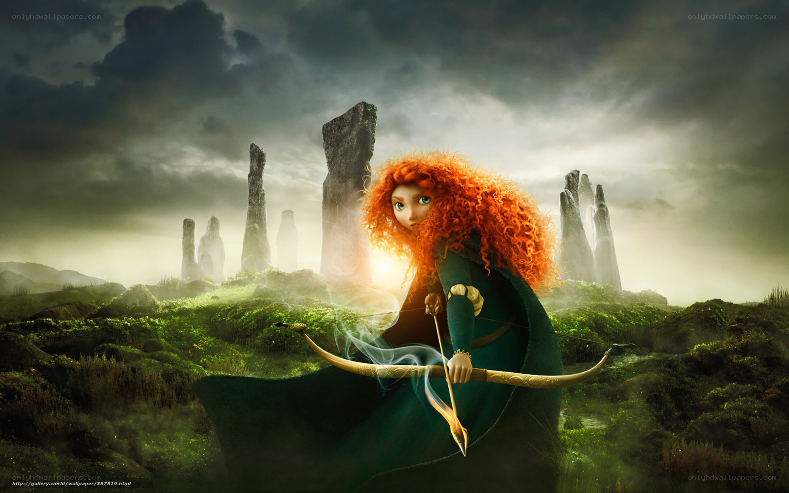 Merida with bow in misty landscape