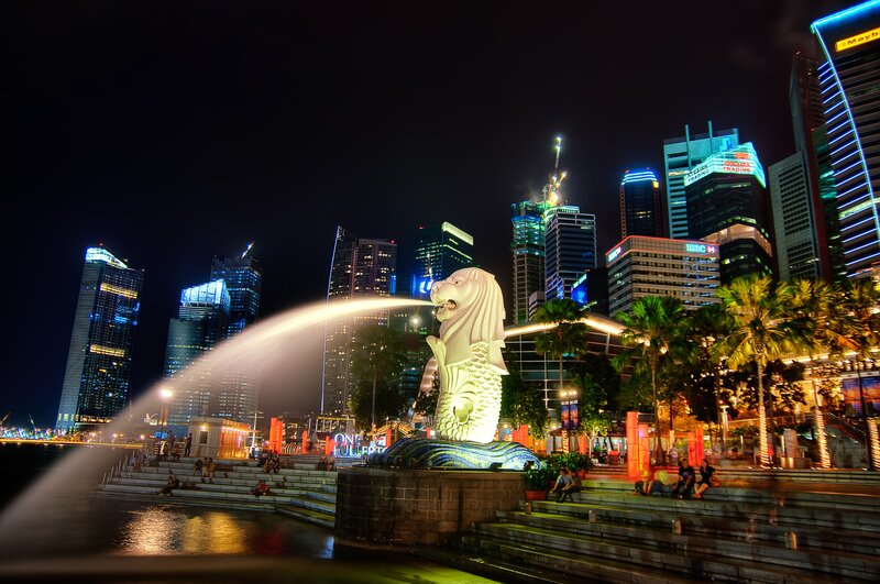 Merlion statue at night in Singapore