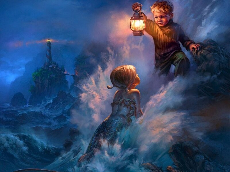 Mermaid and Boy on Rocks — Blue, Dramatic, Night