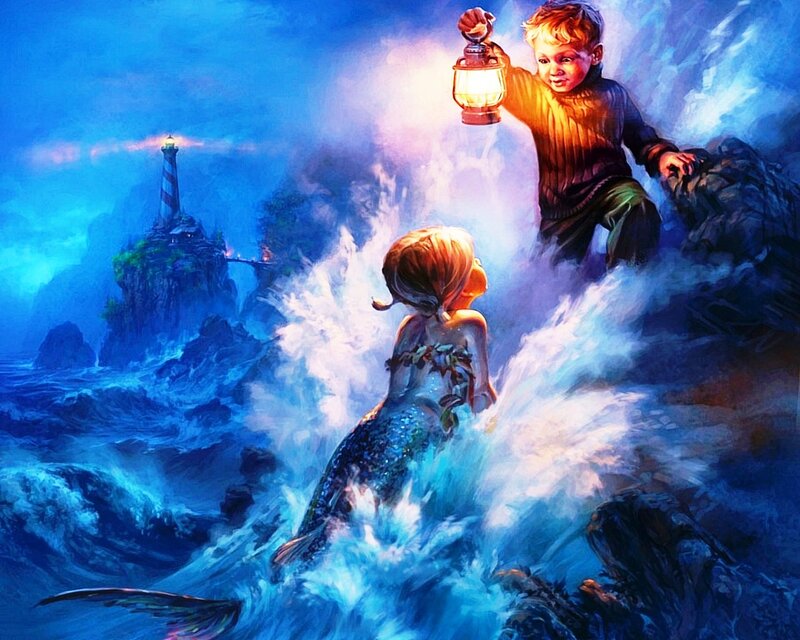 Mermaid and Boy on Rocks — Blue