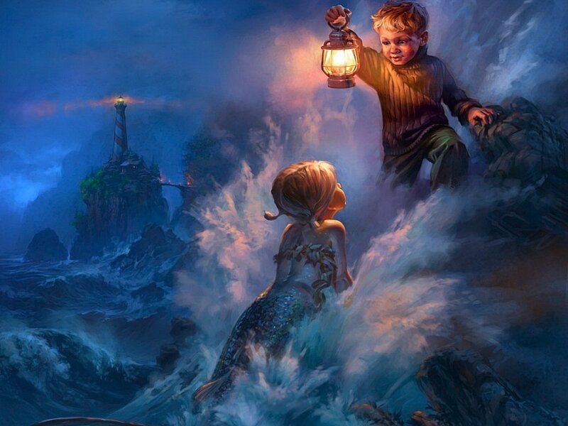Mermaid and boy on stormy shore