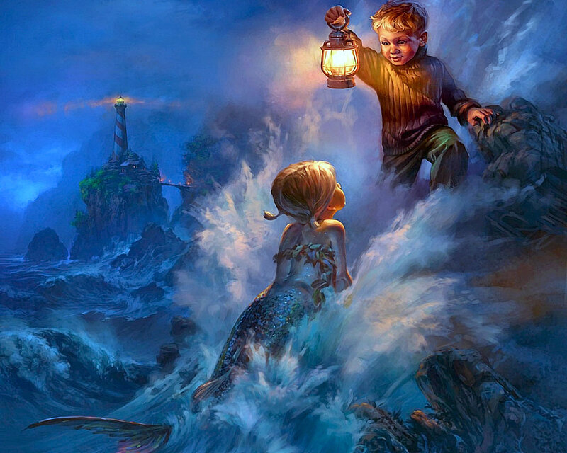Mermaid and boy on stormy shore